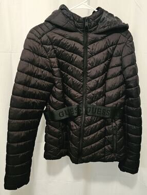 GUESS Women’s Eco Kacy Black Hooded Puffer Jacket Coat Full Zip Size Medium